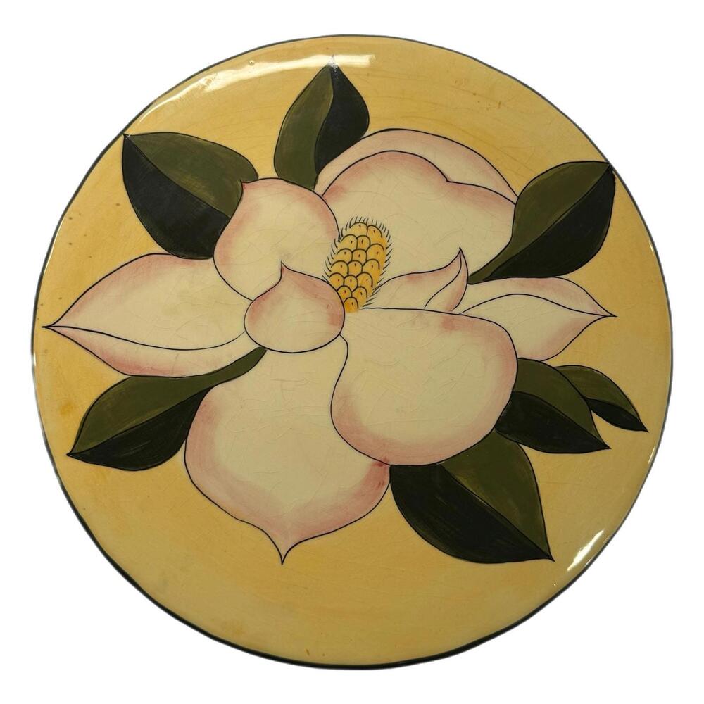 Vintage 1960s MCM Farmhouse Ceramic Cake Plate Pedestal 10” Round Yellow Floral